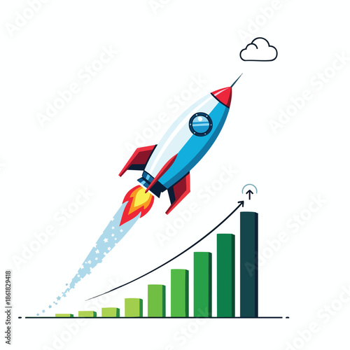 A rocket blasts off, ascending past a rising bar graph, aiming for a small cloud