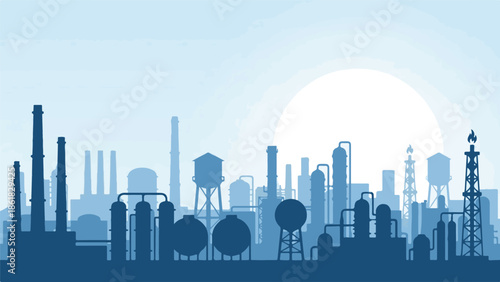 Industrial factory plant silhouette with smokestacks and storage tanks at sunrise