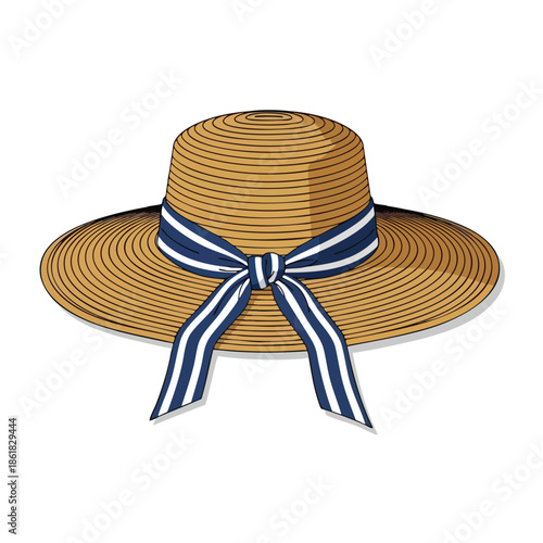 Illustrative straw hat with a blue and white striped bow, slightly shaded