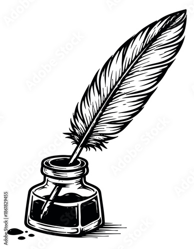 Hand drawn line art illustration of a quill pen and inkwell depicting classic writing for literature and history