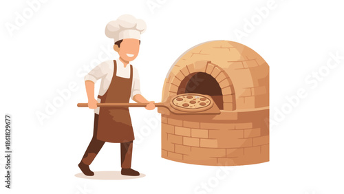 Smiling chef baking fresh pizza in a classic stone oven with a peel