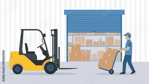 Warehouse operations with worker pushing hand truck, forklift, and storage boxes