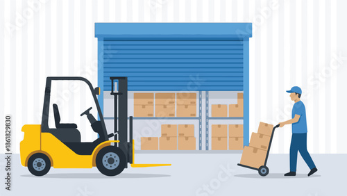 Warehouse logistics with forklift, worker, and delivery boxes