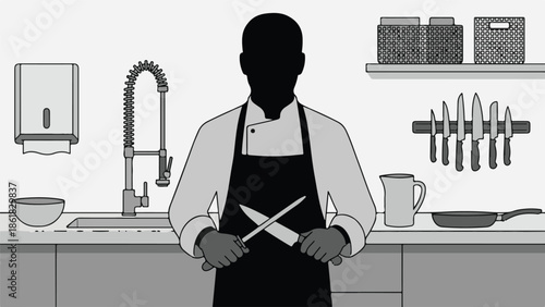 Grayscale illustration of a chef holding a knife and sharpener in a kitchen