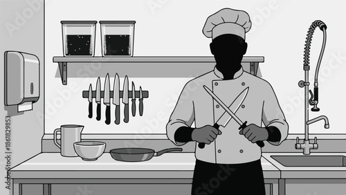 Chef sharpening knife in a professional kitchen with various utensils