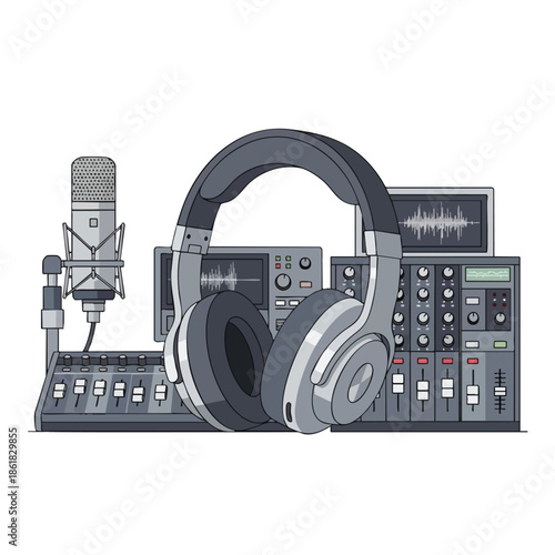 Gray illustrations of recording equipment with a microphone, headphones, and audio mixers
