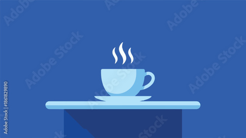 Steaming hot coffee cup in a minimalist flat design on blue
