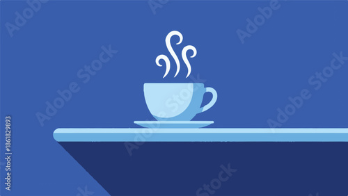 Minimalist flat design illustration of a steaming cup on a blue shelf