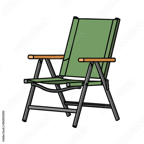 Cartoon illustration of a folding outdoor chair in green and grey
