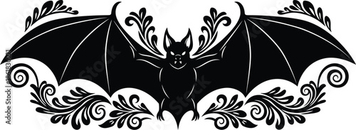 Gothic black bat silhouette vector illustration with intricate floral flourishes and decorative scrollwork for halloween and gothic theme designs.
