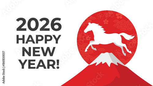 Happy New Year 2026 with white horse, Mount Fuji, and red sun on white