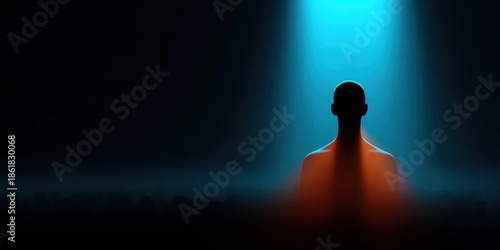 Solitary figure contemplating digital crowd virtual space minimalist art dark environment
