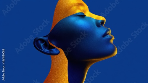 Radiant gold-outlined profile in blue field artistic digital portrait abstract environment