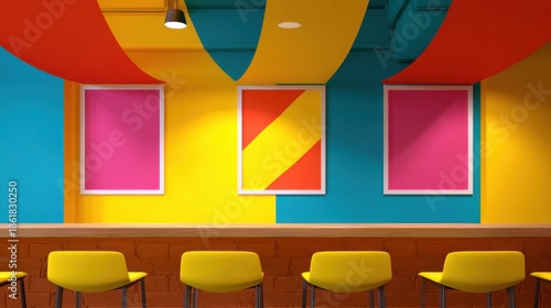 Vibrant coworking space with colorful flags modern design inspiring environment