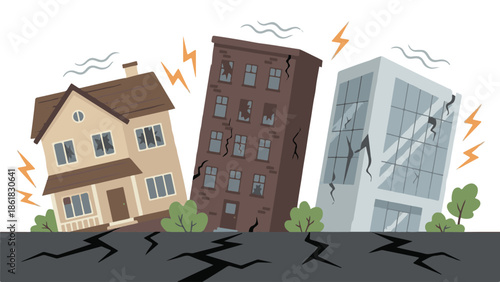 Earthquake damage to buildings, cracks on walls and broken windows