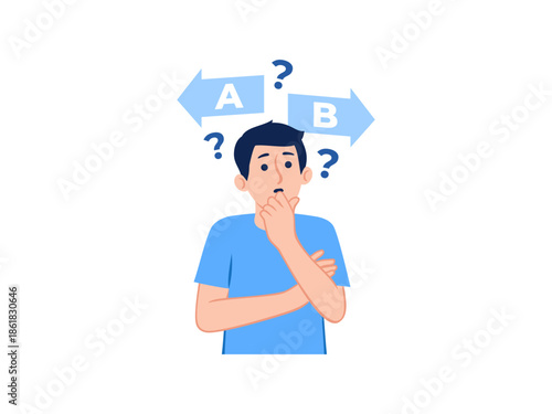 Confused man thinking decision making picking choosing selection choice question dilemma options