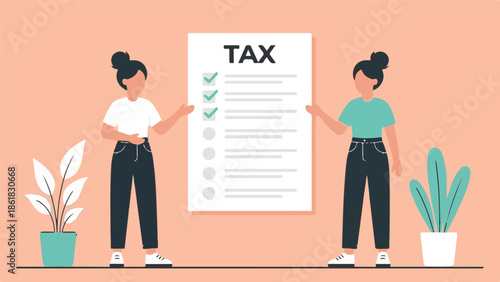 Two women holding a tax document with a checklist, financial concept