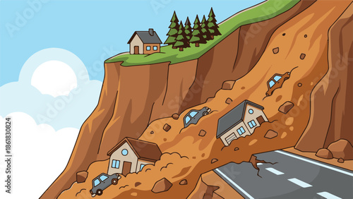 Natural disaster landslide destroying homes and vehicles on a hillside