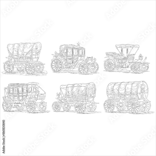 A collection of vintage horse-drawn carriages and wagons, showcasing historical transportation methods