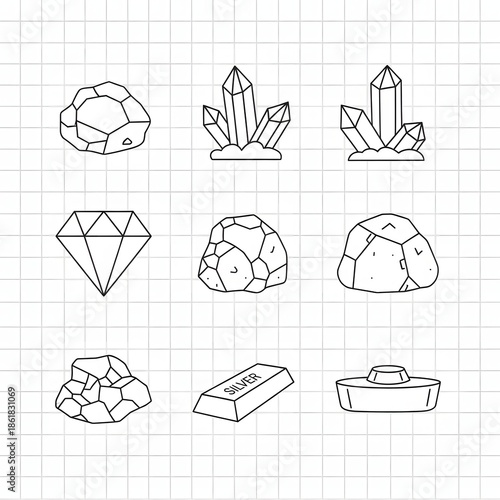 Various gemstones and minerals illustrated in a grid pattern on graph paper