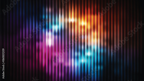 Glass ripple texture with dark gradient background and lilac light streaks. Futuristic distortion, moody abstract glow, reeded vertical blur. Vector illustration