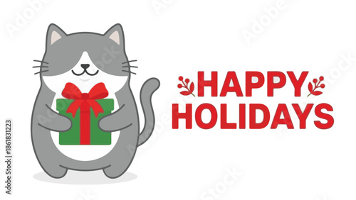 Cute cartoon cat holding a green gift box with 'Happy Holidays' text