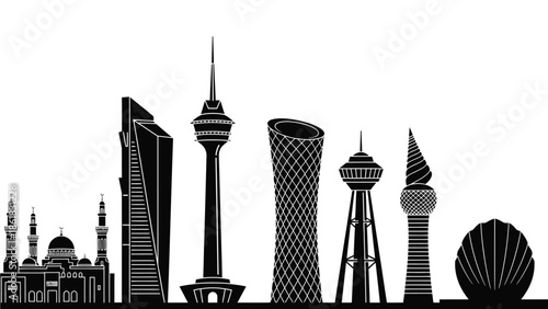 A black and white illustration of a city skyline with modern skyscrapers and towers