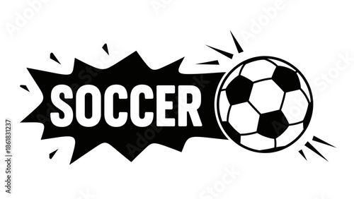 A black and white illustration of a soccer ball with the word soccer