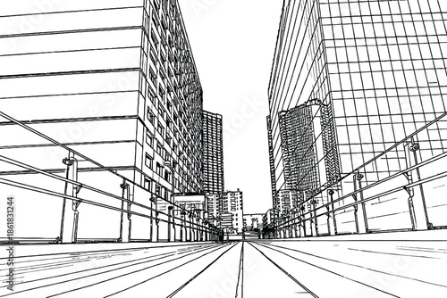 High-contrast line-art depiction of a modern city street bordered by sleek glass towers. Converging tram or rail lines create depth and a dynamic, futuristic urban mood.