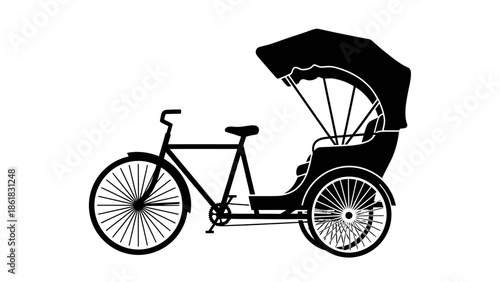 A black silhouette of a tricycle with a canopy on a white background
