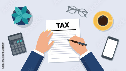 Hands filling out tax forms with calculator, coffee, and office supplies