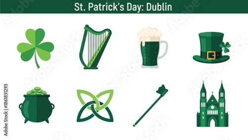A collection of eight green icons related to St Patricks Day over a white background