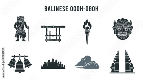 Black silhouette icons representing elements of Balinese OgohOgoh celebrations