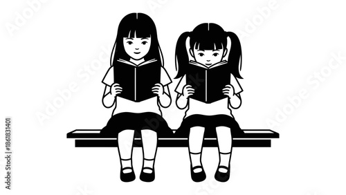 Two young girls reading books on a bench