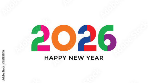 Colorful 2026 Happy New Year greeting text on a white background, modern design