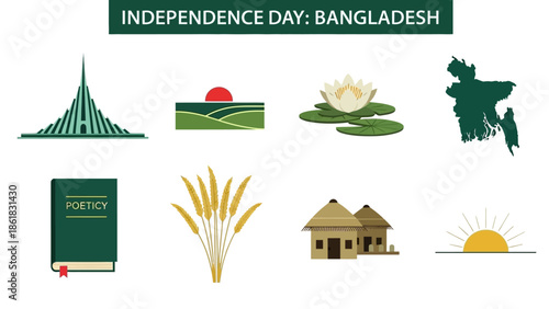 Eight icons representing Bangladesh Independence Day monument sunrise over fields water lily map poetry book wheat huts and rising sun