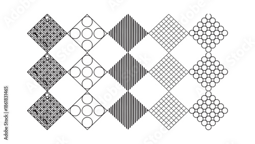 Seamless geometric vector pattern collection with bold stars, intricate grids, and circular lattice designs in diamond shapes, perfect for monochrome fabric prints and architectural textures.