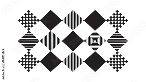 Hypnotic black and white op art pattern featuring concentric circles, radiating sunbursts, and optical illusion squares, suitable for psychedelic backgrounds, retro 60s style posters.
