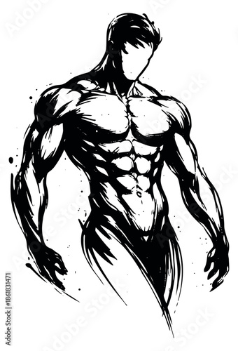 Hand drawn illustration of a muscular man depicting a powerful physique for fitness and sports