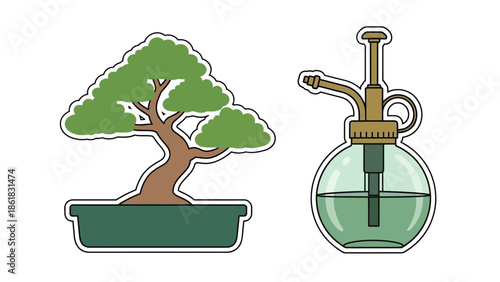 Bonsai tree and spray bottle for plant care