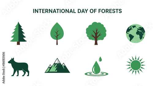 Green icons celebrating the International Day of Forests featuring trees wildlife and nature elements