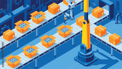 Isometric illustration of automated factory with robotic arm and conveyor system