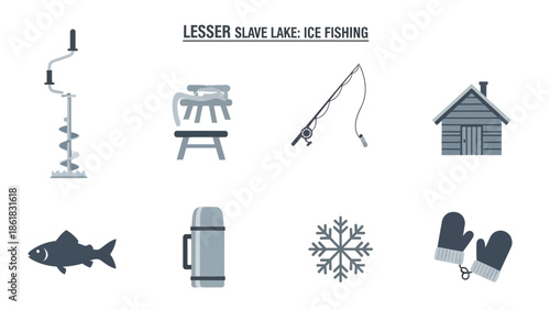 Icons related to ice fishing at Lesser Slave Lake including gear and symbols