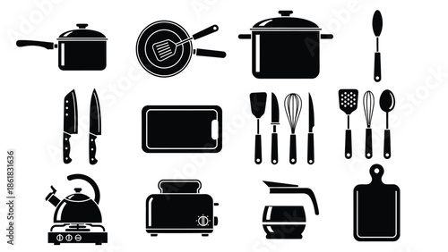 Kitchen utensils and appliances in black silhouette