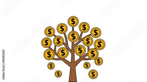 Money tree with dollar coins growing on branches