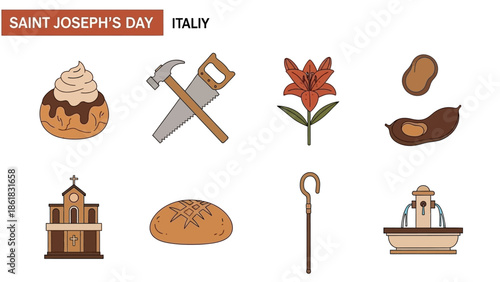 Icons representing Saint Josephs Day in Italy including food tools a flower and a church