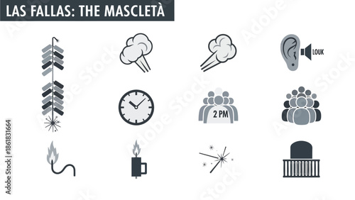 Infographic icons detailing elements of the Las Fallas The Mascletà event