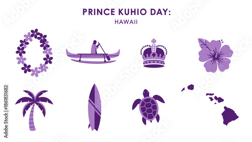 Purple illustrations representing Prince Kuhio Day and Hawaii symbols on white