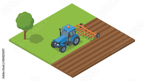 Isometric view of a blue tractor plowing a field next to a tree