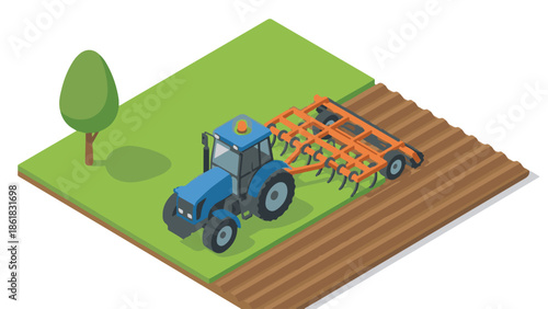 Isometric illustration of a tractor plowing field for agriculture
